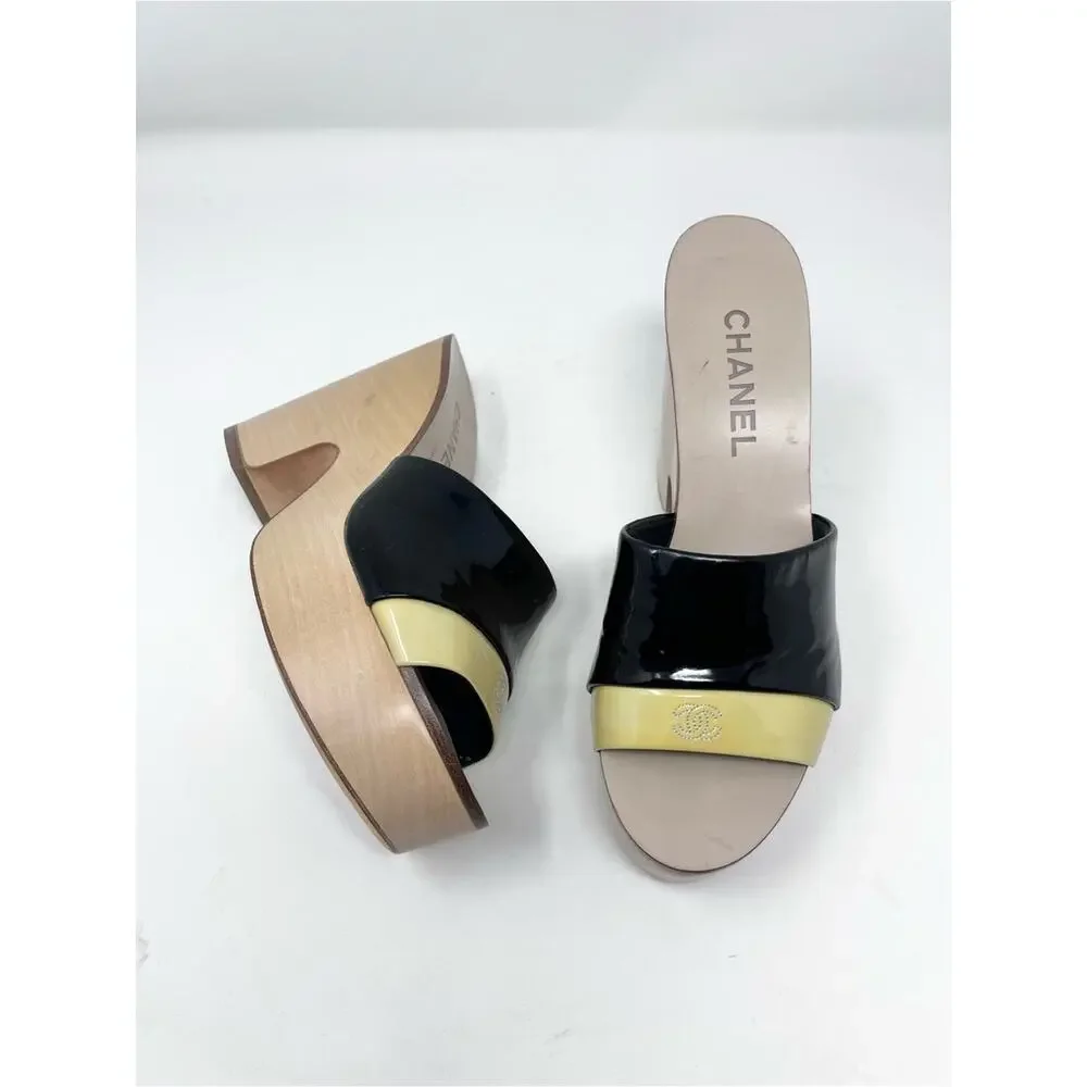 Chanel Two Tone Patent Leather CC Platform Slide Wooden Clog Sandals Size 37.5
